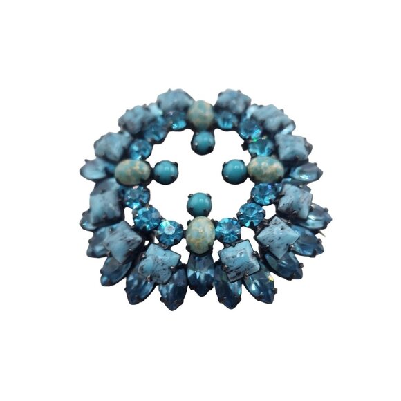 Signed Schreiner NY Turquoise Matrix Glass and Rhinestone Layered Brooch (A4944) - Picture 3 of 7